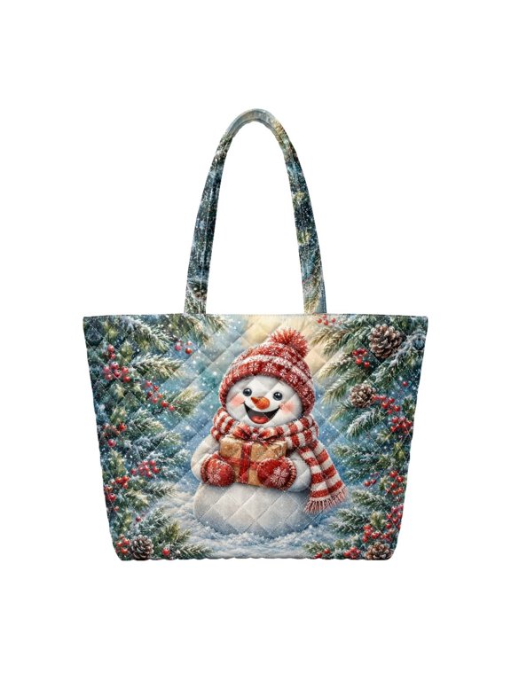 Christmas Quilted Tote Bag for Women, Winter Snowman Portable Large Shoulder Handbag Bag, Festive Carryall for Holiday Shopping Travel Work Daily Use