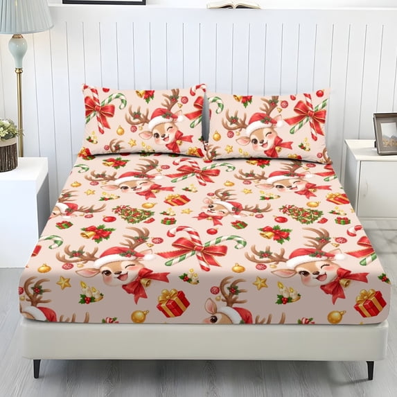 Yspwyqan Christmas Reindeer Fitted Sheet Set Oversized Kingg, Soft Breathable Bedding Set without Flat Sheet, Cute Xmas Deer Candy Cane Pattern with 2 Pillowcases for Kids