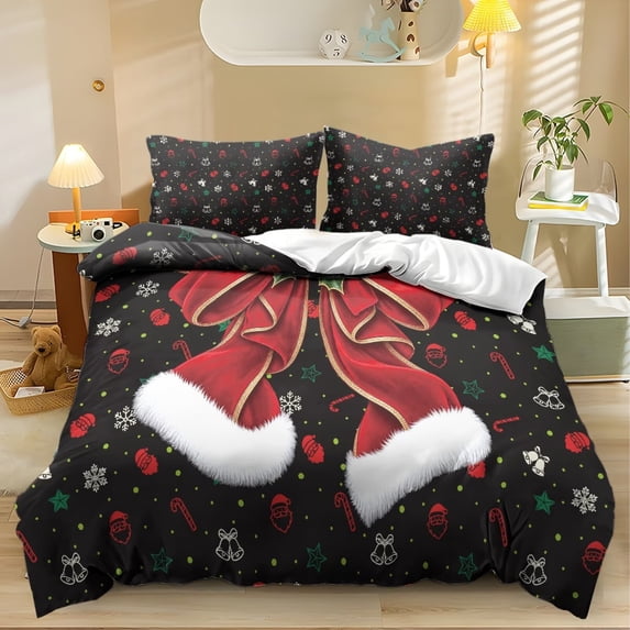 Yspwyqan Christmas Santa Bow Bedding Set Full, Black Xmas Holiday Bed Sets Comforter with 2 Pillow Shams, Soft Breathable Bedding for Bedroom Guest Room Decor