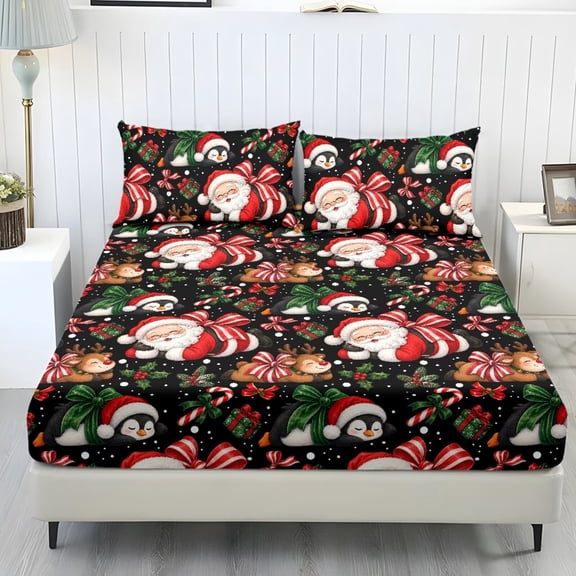 Yspwyqan Christmas Santa Claus Penguin Twin Size Fitted Sheet Set of 3 Soft Holiday Bedding Set, Standard Pocket Fitted Sheet No Flat Sheet for Bedroom Decor