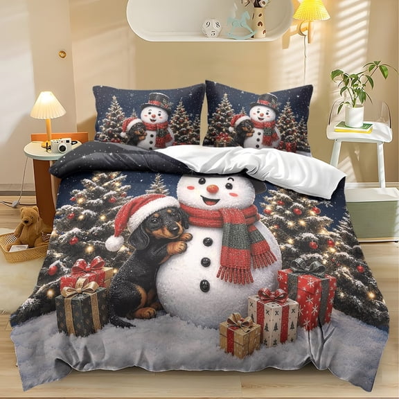 Yspwyqan Christmas Snowman Dachshund 3 Piece Bedding Set Twin XL, Winter Pine Tree Pattern Soft Bed Comforter with 2 Pillow Shams for Holiday Bedroom Decor