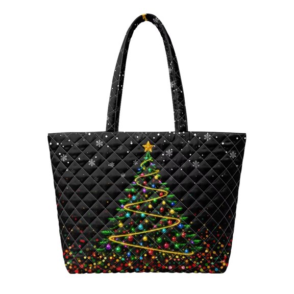 Yspwyqan Christmas Tree Black Work Tote Bags For Women, Large Capacity Over Shoulder Handbag, Festive Carryall for Office Commute Holiday Shopping Daily Use