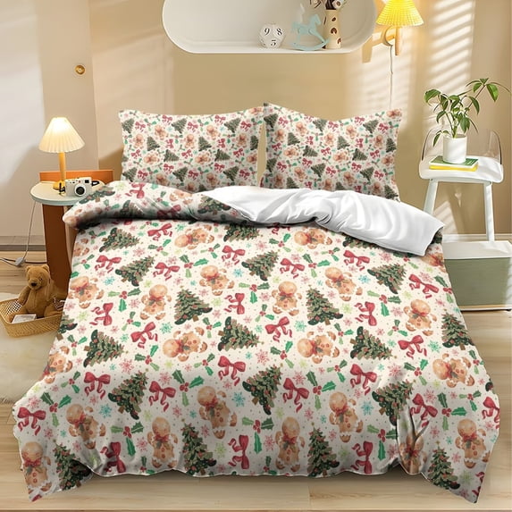 Yspwyqan Christmas Tree Gingerbread 3 Piece Comforter Set Queen, Soft All Season Bedding Set for Kids Adults, Cute Festive Bed Set for Bedroom Holiday Decoration