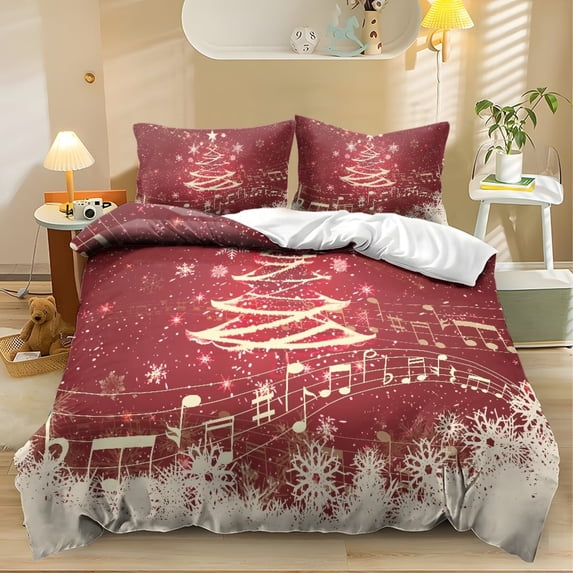 Yspwyqan Christmas Tree Music Note 3 Piece Bedding Set Twin XL, Musical Note Snowflake Christmas Tree Quilt Set with 2 Pillow Shams for Holiday Bedroom Decor
