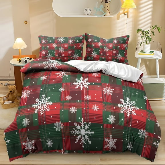 Yspwyqan Christmas Twin XL Size Comforter Set, 3 Piece Soft Red Green Plaid Snowflake Bedding Set for Bedroom Guest Room Winter Holiday Home Decor