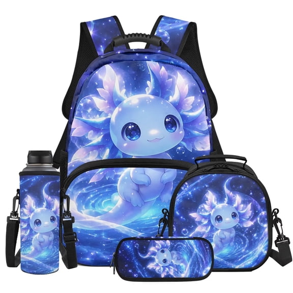 Yspwyqan Cosmic Galaxy Axolotl 4Pcs Backpack Set with Lunch Box Pencil Case Water Bottle, 17 Inch Lightweight Daypack for Elementary Middle School Travel