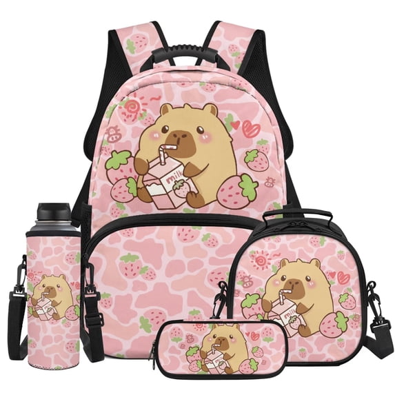 Yspwyqan Cute Capybara Backpack Set for Middle School, Pink Strawberry Milk Girls Lunchbox Set 4Pcs, 17 Inch Large Capacity Padded Straps Daypack for Hiking Back to School