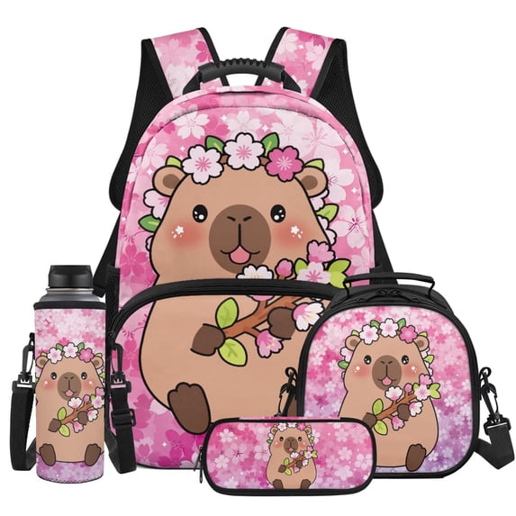 Yspwyqan Cute Capybara Backpack Set for Teens, Girls Cherry Blossom Backpack and Lunchbox Set 4Pcs, 17 Inch Trendy Large Capacity Bookbag for High School Travel