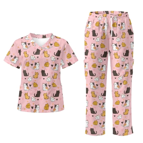 Yspwyqan Cute Cat Heart Scrubs for Women Set, 2 Piece V-Neck Short Sleeve Scrub Top & Cargo Pants, Stretchy Breathable Working Shirts with 6 Pockets for Nurse Vet, Size S