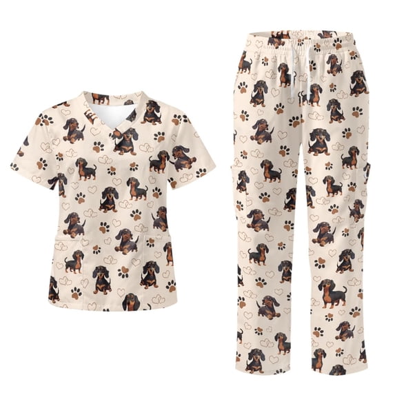 Yspwyqan Cute Dachshund Scrub Set for Women, 2 Piece Short Sleeve V-Neck Scrubs with Pockets, Breathable Lightweight Quick Dry Medical Nursing Uniforms for Workwear, Size M