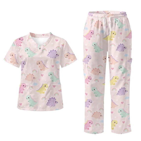 Yspwyqan Cute Dinosaur Scrub Uniforms for Women Set, 2 Piece V-Neck Short Sleeve Scrubs with 6 Pockets, Breathable Lightweight Quick Dry Uniform for Nurse Vet, Size 3XL