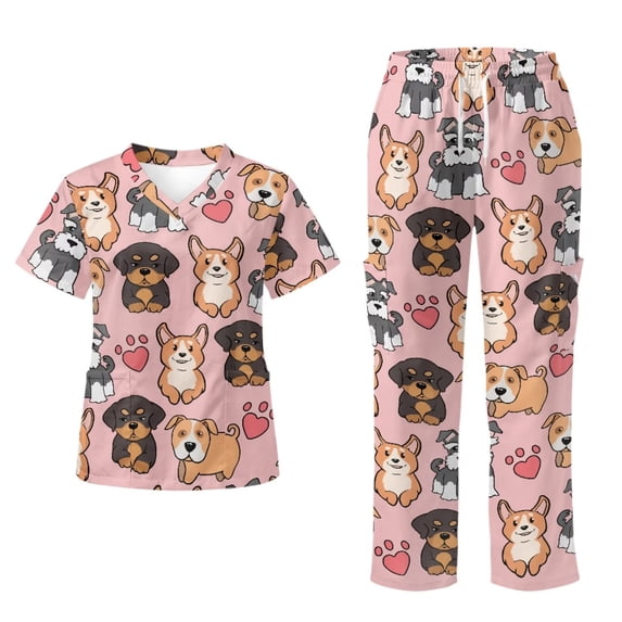 Yspwyqan Cute Dog Womens Print Scrub Set, 2 Piece Short Sleeve V-Neck Scrubs with 6 Pockets, Breathable Casual Quick Dry Uniform for Pet Grooming Pediartic Clinc, Size 4XL