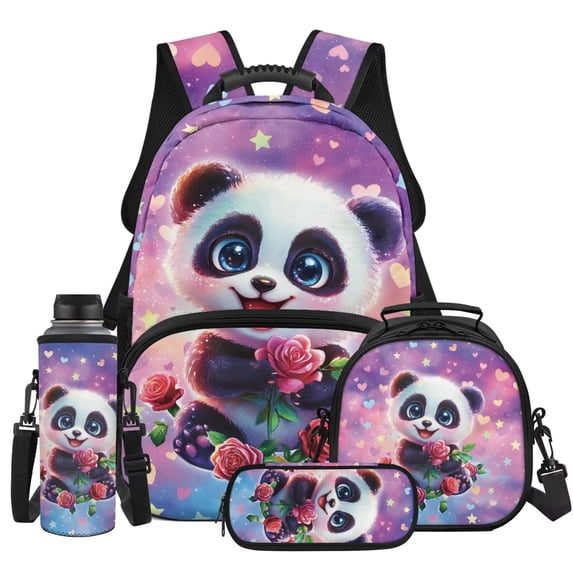 Yspwyqan Cute Panda Backpack Set for Middle School, Galaxy Rose Girls Backpack Lunchbox Set 4Pcs, 17 Inch Large Capacity Adjustable Straps Bookbag for Hiking Back to School