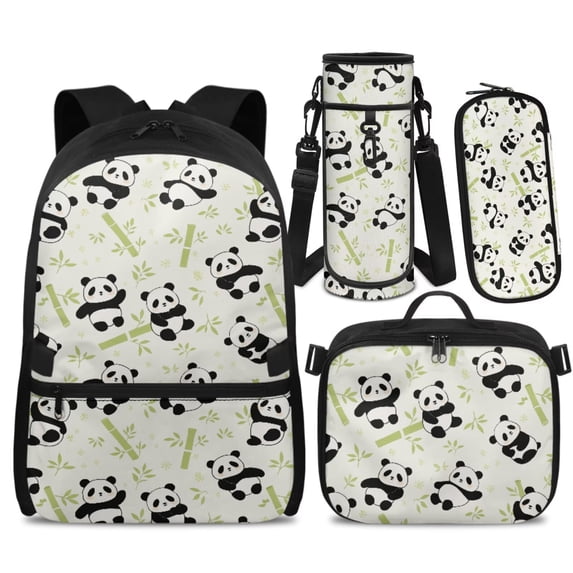 Yspwyqan Cute Panda Backpack Set for Primary Elementary, Kids Backpack Set with Lunch Box and Pencil Case, 17" Double Zip Adjustable Straps Bags for Back to School Gifts