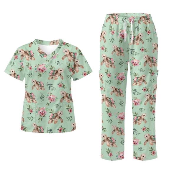 Yspwyqan Cute Turtle Floral Women's Medical Scrub Sets Size S, 2 Piece V-Neck Short Sleeve Scrubs, Soft Cozy Stretchy Workwear with Pockets for Vet Pet Grooming