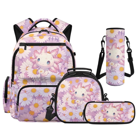 Yspwyqan Daisy Axolotl Backpack Set for Elementary School, Kids Matching Lunch Box Set 4Pcs, 17 Inch Lightweight Padded Straps Daypack with Front Pocket for Primary Middle Travel