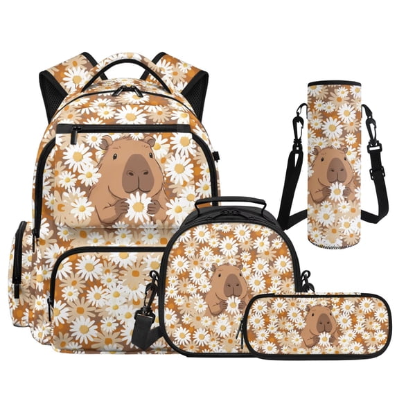 Yspwyqan Daisy Flower Capybara Kids Backpack Set for Travel, with Lunch Box Water Bottle Bag, Lightweight Large Capacity Multi-Pocket Bags for Back to School Gifts