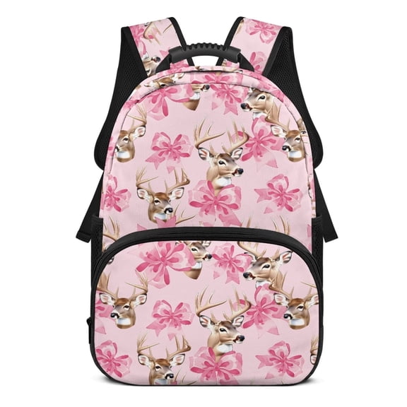 Yspwyqan Deer Pink Bow School Backpack for Kids, 17 Inch Lightweight Large Capacity Bookbag with Side Pockets, Double Zipper Backpack Fits 15.6 Laptop for Elementary Middle High School