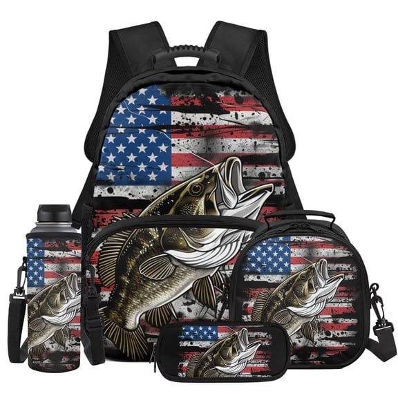 Yspwyqan Distressed USA Flag 4Pcs Kids Backpack Set with Lunch Box Pencil Case, Largemouth Bass Lightweight Large Capacity Bookbag for Elementary Middle School Travel