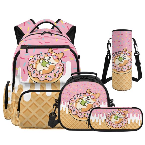 Yspwyqan Donut Corgi 4Pcs Kids Backpack Set with Lunch Box Pencil Case Water Bottle, Ice Cream Drip Multi-Pocket Lightweight Bags for Elementary Middle School