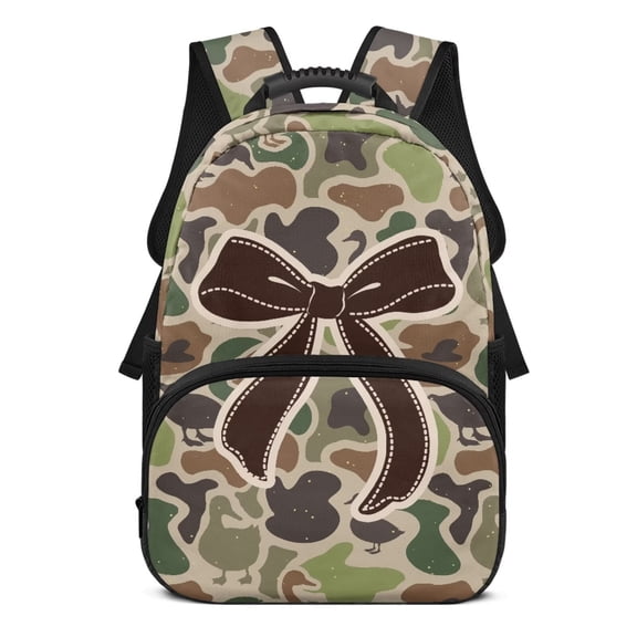Yspwyqan Duck Camo Bow School Backpack for Kids Teens, 17 Inch Lightweight Large Capacity with Side Pockets, Double Zipper Fits 15.6 Laptop Bookbag for Elementary Middle High School