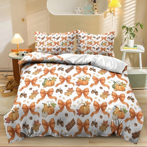 Yspwyqan Fall Pumpkin Bow Bedding Set Twin XL, 3 Piece Autumn Maple Leaf Pattern Bed in a Bag Comforter Set for Bedroom Guest Room Thanksgiving Decor