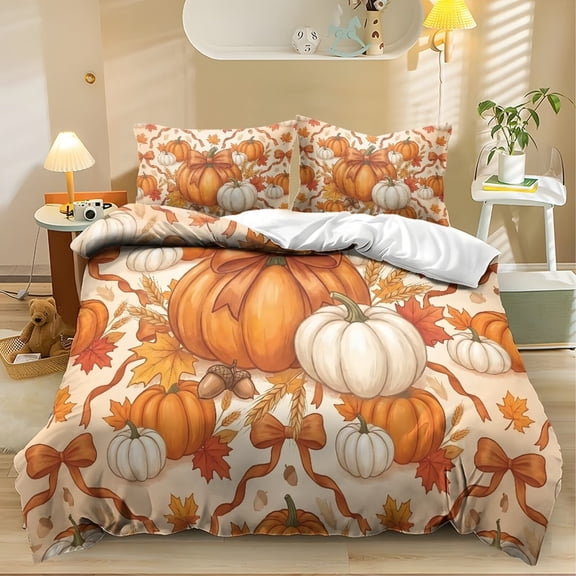 Yspwyqan Fall Pumpkin Twin XL Size Bedding Set 3 Piece, Autumn Maple Leaf Printed All Season Bed Comforter Sets for Thanksgiving Bedroom Guest Room Decor
