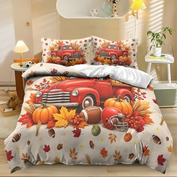 Yspwyqan Fall Twin XL Size Comforter Set, Soft Fluffy Red Truck Pumpkin Bedding Set with 2 Matching Pillow Shams for Autumn Thanksgiving Bedroom Decor