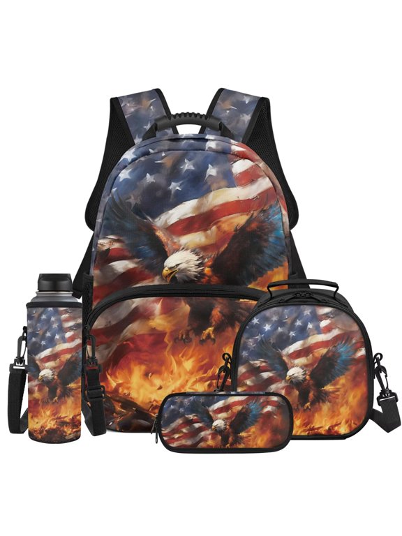 Fire Bald Eagle School Backpack Set for Boys, USA Flag Backpack with Lunch Box Pencil Case Water Bottle Bag, 17 Inch Trendy Bookbag for High School