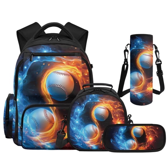 Yspwyqan Fire Ice Baseball Kids Backpack Set for Travel, with Lunch Box Water Bottle Bag, 17 Inch Lightweight Large Capacity Boys Backpack with Multi-Pocket for Back to School Gifts