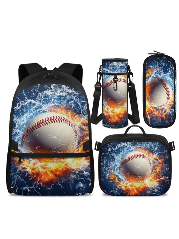 Fire Water Baseball Backpack Set With Lunch Box Pencil Case for Kids, Double Zipper Lightweight Fits 14" Laptop Bookbags for School Travel Hiking Daypack