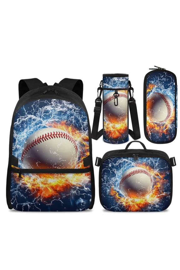 Fire Water Baseball Backpack Set With Lunch Box Pencil Case for Kids, Double Zipper Lightweight Fits 14" Laptop Bookbags for School Travel Hiking Daypack