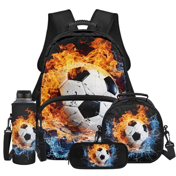 Yspwyqan Fire Water Soccer Ball Boys Backpack and Lunch Box Set, 4 Piece Lightweight Trendy Kids Backpack Set for Elementary Middle School Camping Travel