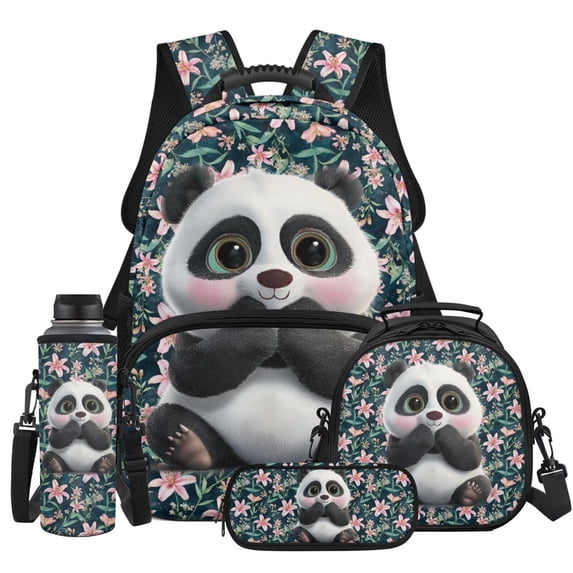Yspwyqan Floral Cute Panda Backpack Set With Lunch Box Pencil Case Girls, 4Pcs 17 Inch Fits 13 Inch Laptop Backpack for Kids Large Capacity Adjustable Straps Bag for School