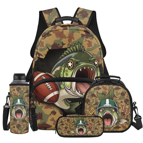 Yspwyqan Football Backpack Set With Lunch Box Pencil Case Boys, 4Pcs 17 Inch Large Capacity Kids Backpack Set, Brown Fish Camo Casual Bookbag for Middle High School Travel