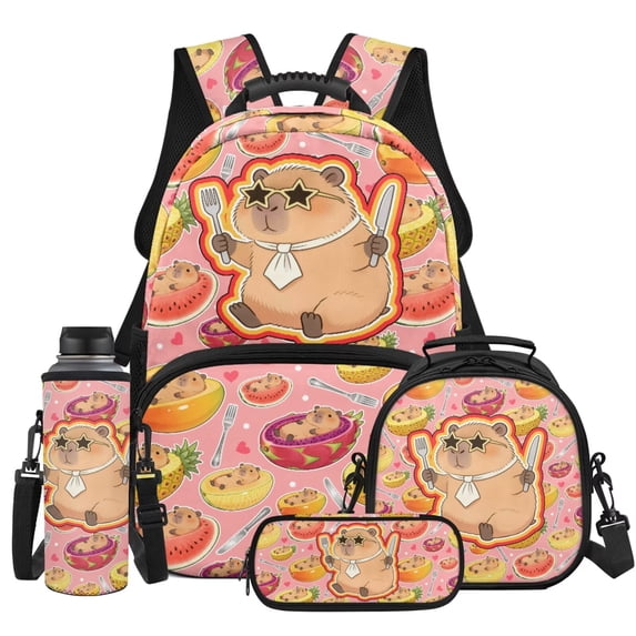 Yspwyqan Fruit Capybara Backpack Set for Girls, 4 Piece School Backpack Set with Lunch Box Pencil Case, Fashionable Schoolbag Fits 13 Inch Laptop for High School Camping