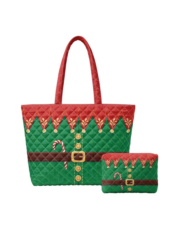 Funny Christmas Elf Tote Bag For Work, 2 Pcs Carry On Bag Nurse Teacher Tote Handbag with Small Pouch for Hospital Shopping Holiday Travel Outdoor Daily Use