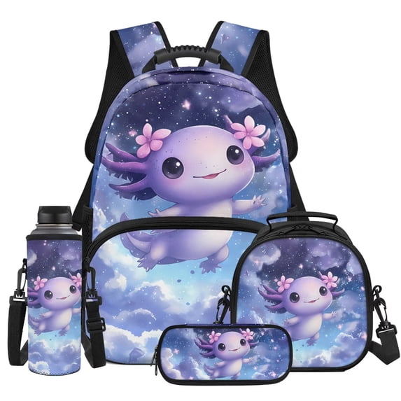 Yspwyqan Galaxy Axolotl Backpack Set for Girls, Purple Flower 4 Piece School Backpack Set with Lunch Box Pencil Case, 17 Inch Fashionable Bags for Elementary School