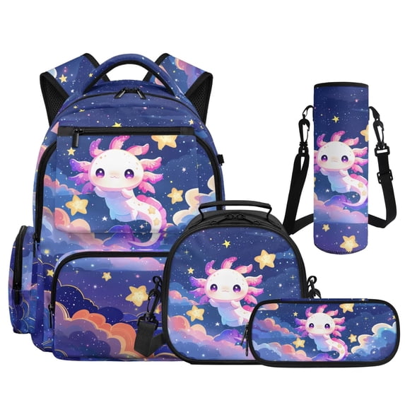 Yspwyqan Galaxy Star Axolotl Girls Backpack and Lunch Box Set, 4 Piece Lightweight Trendy Kids Backpack Set with Multi-Pocket Fits 15.6 Laptop for Middle School Camping Travel