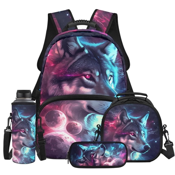 Yspwyqan Galaxy Wolf 4Pcs Kids Backpack Set with Lunch Box Pencil Case Water Bottle, 17 Inch Lightweight Cosmic Space Bookbag for Elementary Middle School Travel Hiking