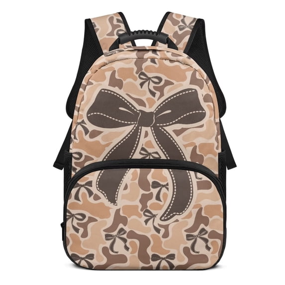 Yspwyqan Girls Backpack Ages 6-8, 17" Lightweight School Bag with Front Pocket, Adjustable Straps, Tan Camo Bow Cute Purse for Preschool Kindergarten Travel