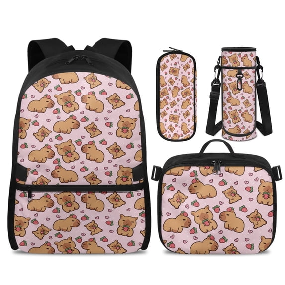 Yspwyqan Girls Backpack and Lunch Box Set, Pink Capybara Strawberry Backpack Set for School Ages 6-8, Trendy Double Zip Front Pocket Purse for Back to School Gifts