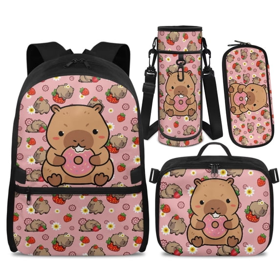 Yspwyqan Girls Backpack and Lunch Box Set, Pink Donut Strawberry Capybara Backpack Set Kids Girls 4 Piece, Lightweight Trendy Front Pocket Schoolbag Fits 14" Laptop for Middle School