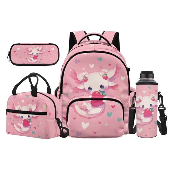 Yspwyqan Girls Backpack and Lunch Box Set, Strawberry Axolotl 17 Inch Large Capacity Kids Backpack Set for Girls Ages 8-15 Elementary Middle High School Back to School