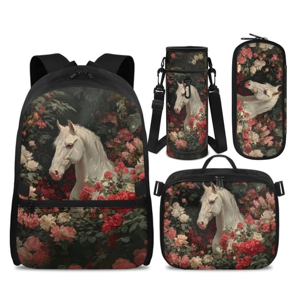 Yspwyqan Girls Backpack Lunchbox Set, Rose White Horse Backpack Set for Kids 4Pcs, Large Capacity Fits 14" Laptop Bags Double Zipper Front Pocket for Elementary Travel Daypack