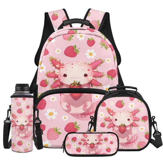 Yspwyqan Girls Backpack and Lunchbox Set, Strawberry Pink Axolotl 4 Piece School Backpack Set, Lightweight Trendy Daypack Fits 13 Inch Laptop for High School Travel Hiking