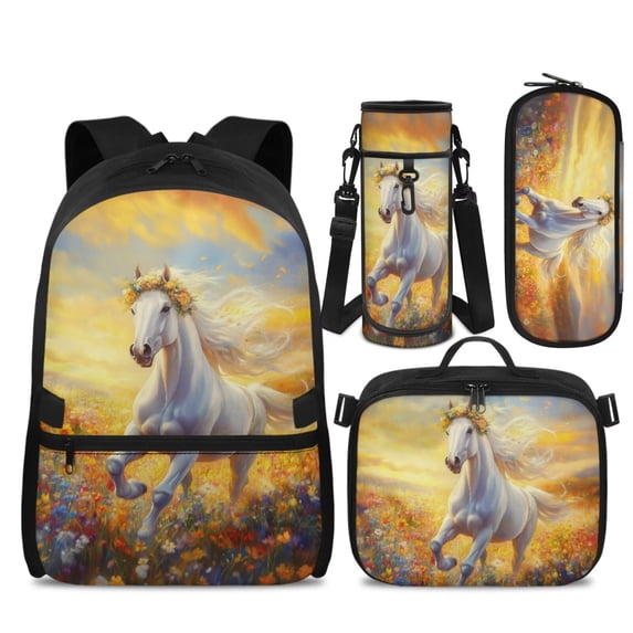Yspwyqan Girls Backpack Set Ages 8-15, Wildflower Sunset White Horse Backpack and Lunch Box Set with Pencil Case, Double Zip Large Capacity Front Pocket Bags for Primary Elementary School