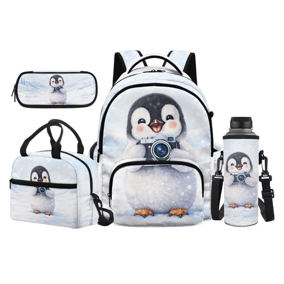 Yspwyqan Girls Backpack Set, Backpack Set for Girls Ages 8-15 with Lunch Box and Pencil Case, Cute Penguin Multiple Pockets Laptop Bags for Middle High School