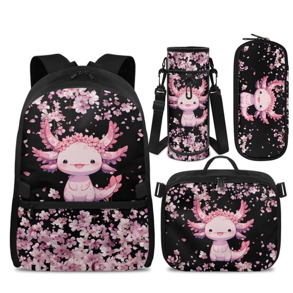 Yspwyqan Girls Backpack Set, Cherry Blossom Axolotl Backpack and Lunch Box Set Girls with Pencil Case, 17" Adjustable Straps Trendy Purse for Elementary Middle School