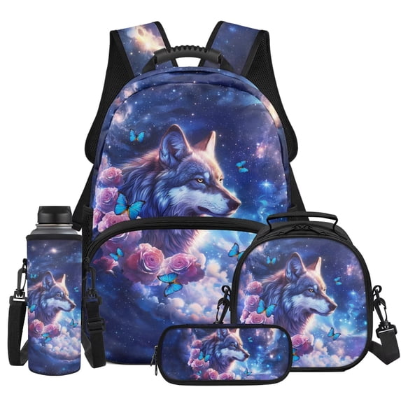 Yspwyqan Girls Backpack Set, Galaxy Wolf 4 Piece School Backpack with Lunch Box Pencil Case, 17 Inch Fashionable Bookbag for Middle High School Hiking
